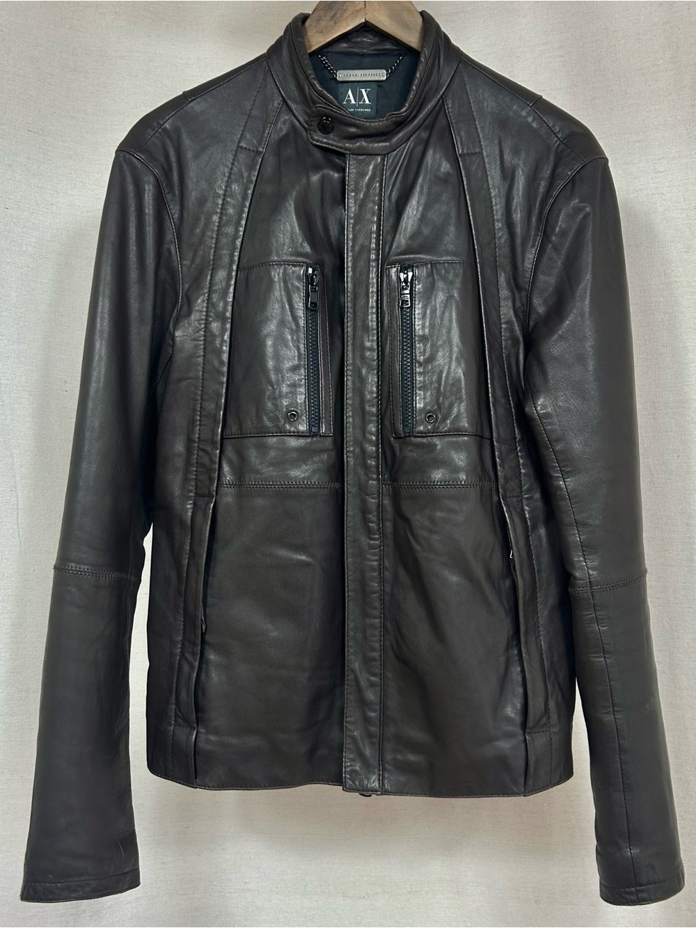 Armani Exchange Men's Reddish/Brown Leather Moto Jacket Size M